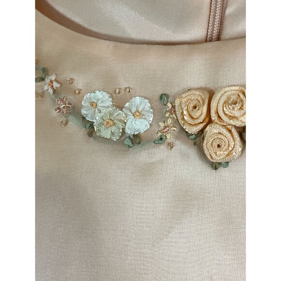 Retro Silk Sheath Floral Embroidery Midi Dress 6 Peach Chic Feminine Coquette - Picture 3 of 13